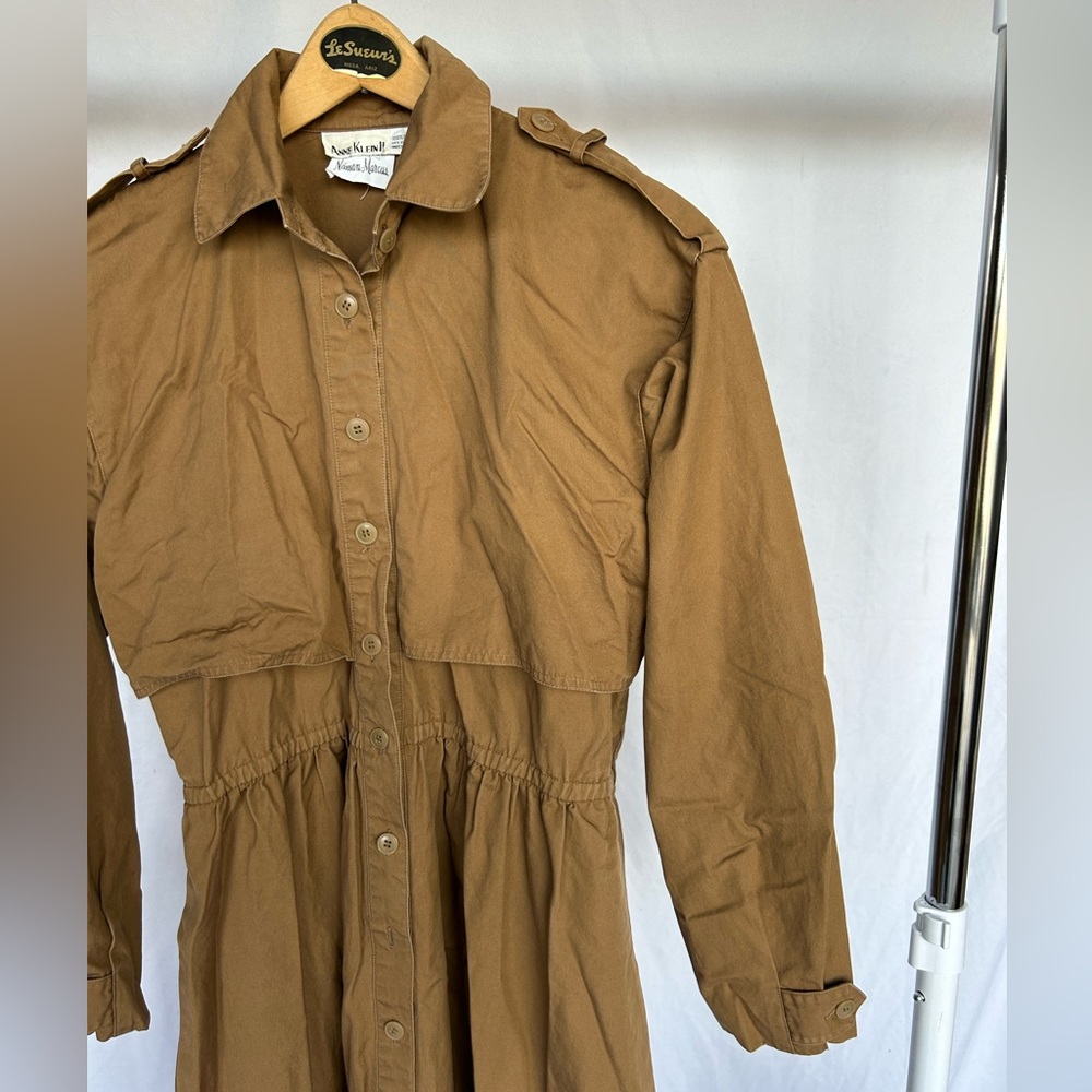 Vintage 1980’s Brown Cotton Trench Long Sleeved Dress With Elastic Waist sz 10 - Picture 4 of 9